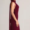 Dree Rib-Knit Scarf-Detail Halterneck Maxi Dress in Wine