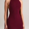 Dree Rib-Knit Scarf-Detail Halterneck Maxi Dress in Wine