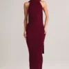 Dree Rib-Knit Scarf-Detail Halterneck Maxi Dress in Wine