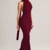 Dree Rib-Knit Scarf-Detail Halterneck Maxi Dress in Wine