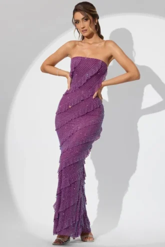 Dulce Embellished Bandeau Ruffle Maxi Dress in Plum