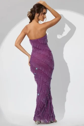 Dulce Embellished Bandeau Ruffle Maxi Dress in Plum