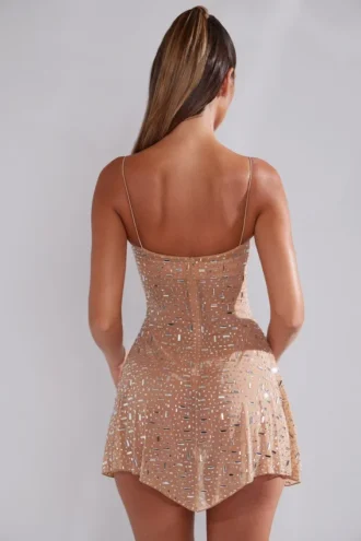 Durrani Sheer Embellished Scoop Neck Mini Dress in Almond