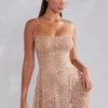 Durrani Sheer Embellished Scoop Neck Mini Dress in Almond