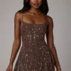 Durrani Sheer Embellished Scoop Neck Mini Dress in Deep Cocoa