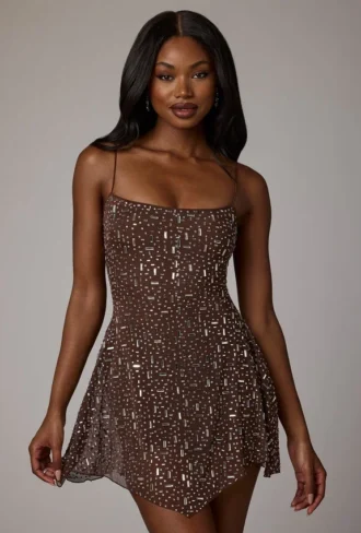 Durrani Sheer Embellished Scoop Neck Mini Dress in Deep Cocoa