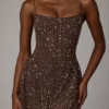 Durrani Sheer Embellished Scoop Neck Mini Dress in Deep Cocoa