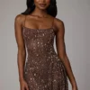 Durrani Sheer Embellished Scoop Neck Mini Dress in Deep Cocoa