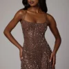 Durrani Sheer Embellished Scoop Neck Mini Dress in Deep Cocoa