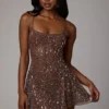 Durrani Sheer Embellished Scoop Neck Mini Dress in Deep Cocoa
