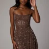 Durrani Sheer Embellished Scoop Neck Mini Dress in Deep Cocoa