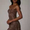 Durrani Sheer Embellished Scoop Neck Mini Dress in Deep Cocoa