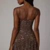 Durrani Sheer Embellished Scoop Neck Mini Dress in Deep Cocoa