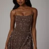 Durrani Sheer Embellished Scoop Neck Mini Dress in Deep Cocoa