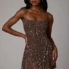 Durrani Sheer Embellished Scoop Neck Mini Dress in Deep Cocoa