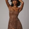 Durrani Sheer Embellished Scoop Neck Mini Dress in Mocha