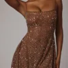 Durrani Sheer Embellished Scoop Neck Mini Dress in Mocha