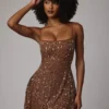 Durrani Sheer Embellished Scoop Neck Mini Dress in Mocha
