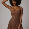 Durrani Sheer Embellished Scoop Neck Mini Dress in Mocha