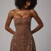 Durrani Sheer Embellished Scoop Neck Mini Dress in Mocha