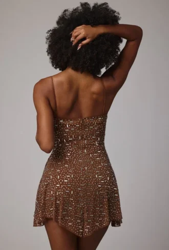 Durrani Sheer Embellished Scoop Neck Mini Dress in Mocha