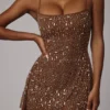 Durrani Sheer Embellished Scoop Neck Mini Dress in Mocha