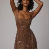 Durrani Sheer Embellished Scoop Neck Mini Dress in Mocha