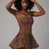 Durrani Sheer Embellished Scoop Neck Mini Dress in Mocha