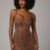 Durrani Sheer Embellished Scoop Neck Mini Dress in Mocha