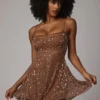 Durrani Sheer Embellished Scoop Neck Mini Dress in Mocha