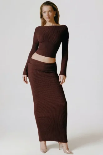 Edalene Ribbed-Knit Foldover Maxi Skirt in Espresso