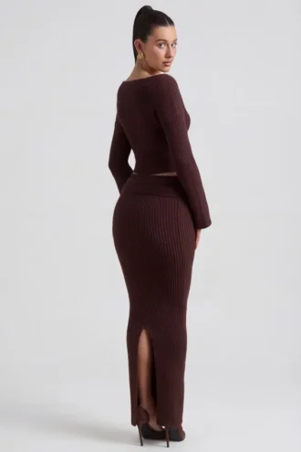 Edalene Ribbed-Knit Foldover Maxi Skirt in Espresso