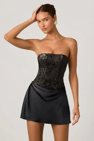 Eden Embellished Draped Strapless A-Line Mini Dress in Black
