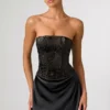 Eden Embellished Draped Strapless A-Line Mini Dress in Black