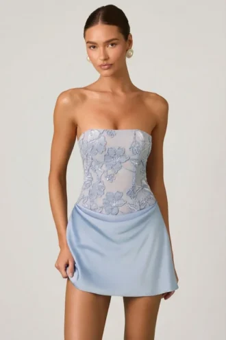Eden Embellished Draped Strapless A-Line Mini Dress in Sky Blue