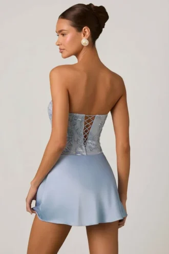 Eden Embellished Draped Strapless A-Line Mini Dress in Sky Blue