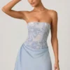 Eden Embellished Draped Strapless A-Line Mini Dress in Sky Blue