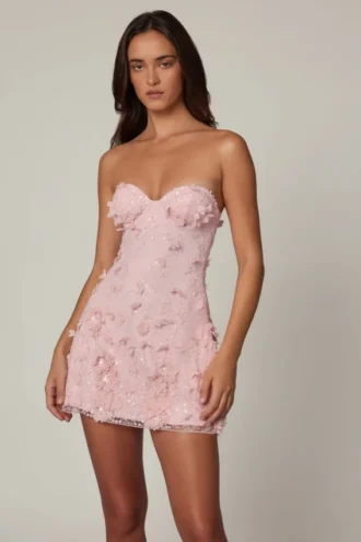 Edita Embellished Bandeau A-line Mini Dress in Ballet Pink