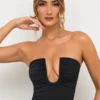 Eevi Jersey Strapless Plunge Neck Top in Black