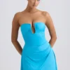 Efia Slinky Jersey Draped A-Line Mini Dress in Aqua Blue