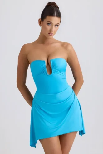 Efia Slinky Jersey Draped A-Line Mini Dress in Aqua Blue