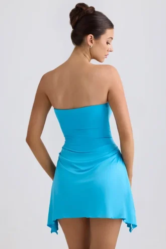 Efia Slinky Jersey Draped A-Line Mini Dress in Aqua Blue