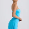 Efia Slinky Jersey Draped A-Line Mini Dress in Aqua Blue