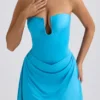 Efia Slinky Jersey Draped A-Line Mini Dress in Aqua Blue