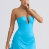 Efia Slinky Jersey Draped A-Line Mini Dress in Aqua Blue
