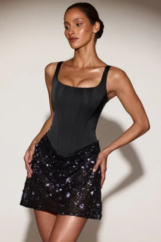 Eira Satin Corset Embellished Skirt Mini Dress in Black Purple