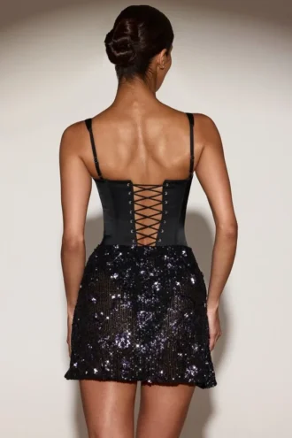 Eira Satin Corset Embellished Skirt Mini Dress in Black Purple