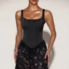 Eira Satin Corset Embellished Skirt Mini Dress in Black Purple