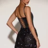 Eira Satin Corset Embellished Skirt Mini Dress in Black Purple