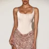 Eira Satin Corset Embellished Skirt Mini Dress in Rose Gold